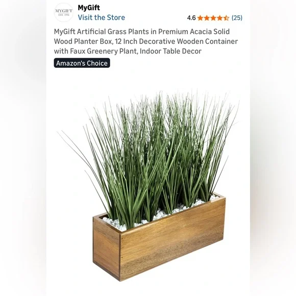 New MyGift Faux Grass Plants Wooden Acacia Planter 12