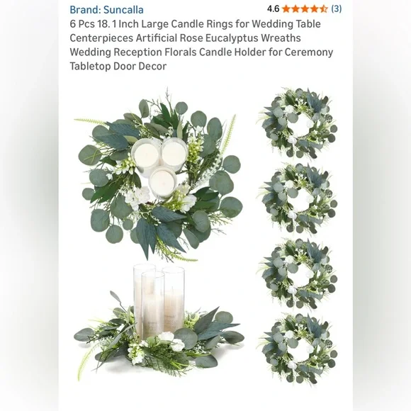 NIB Suncalla 6 Pcs Lrg Candle Rings Rose Eucalyptus Wreaths Wedding Centerpieces