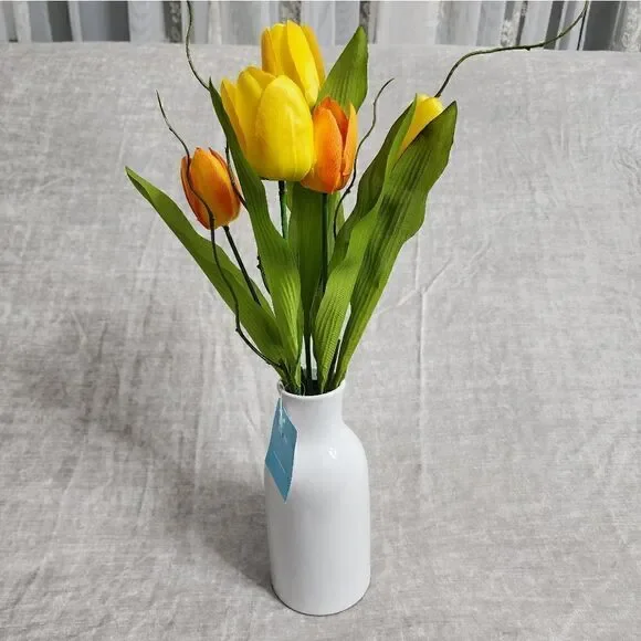 New Yellow Orange Real Feel Tulip Arrangement in Ceramic Vase, 16