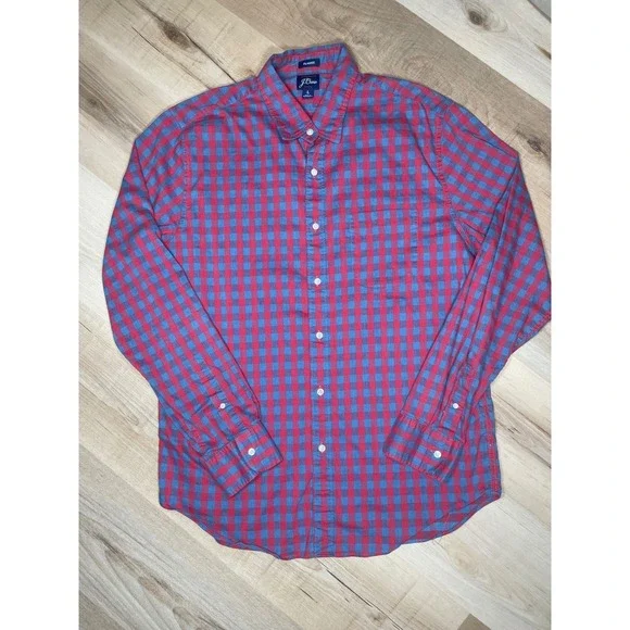 J.Crew Performance Stretch Gingham Shirt Mens Large Classic Fit Red Blue Check