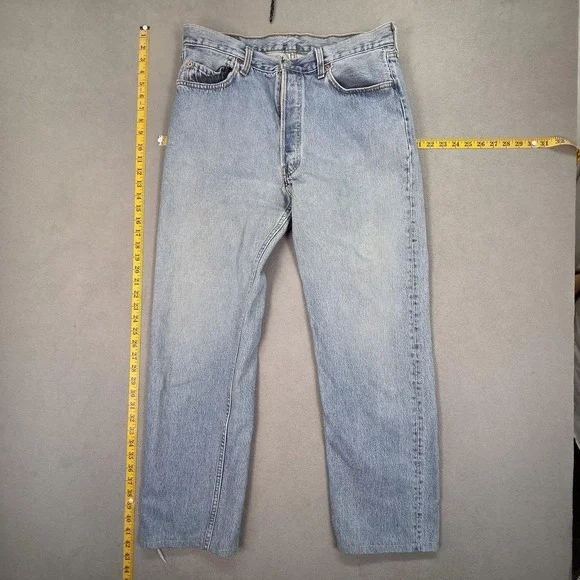 Vintage Levis 501 Jeans Mens Light Wash Straight Altered Hem USA 90s Fits 32x29