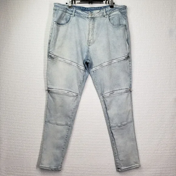 Culture Kings Jeans Mens 40 Blue Slim Fit Grunge Zipper Distressed Biker Stretch