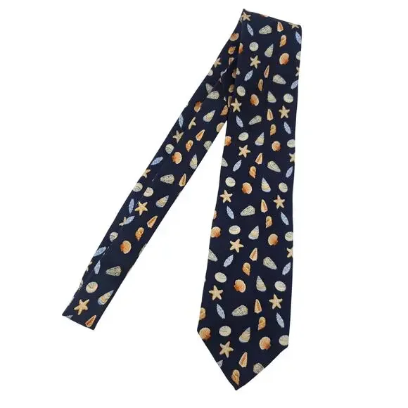 J. Crew Navy Blue Sea Shell Printed 100% Silk Neck Tie Made in USA Beach Coastal