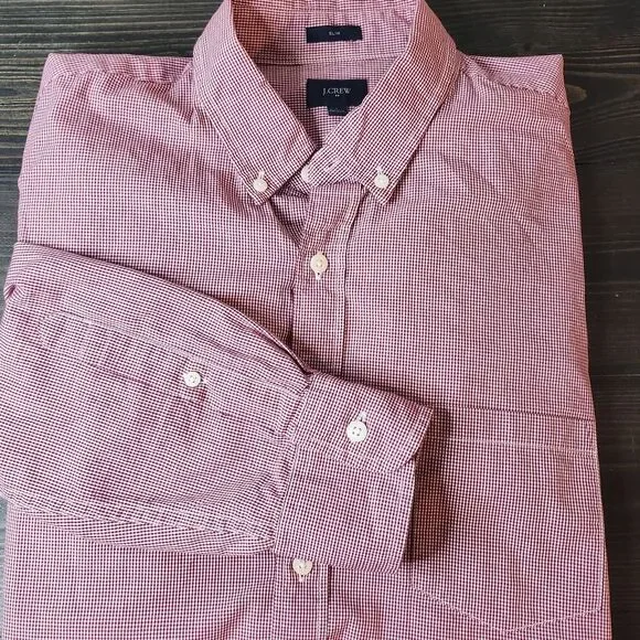 J. Crew Men's Red/White Gingham Button‎ Down Slim Fit Long Sleeve Size Large