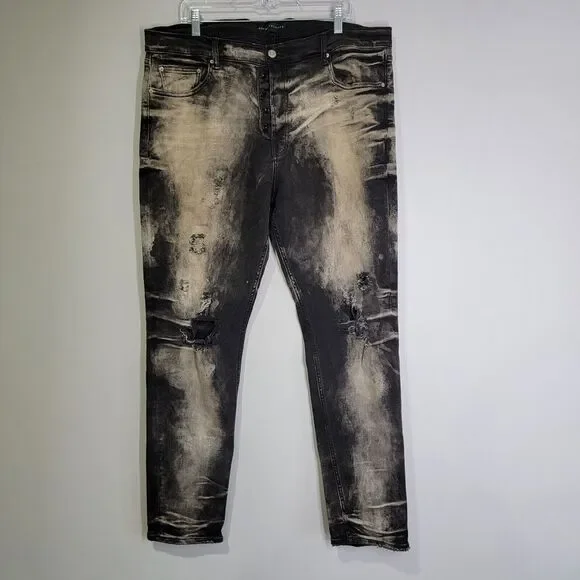 Art Meets‎ Chaos Destroyed Black Gray Jeans Mens 42x32 Button Fly Hipster Grunge