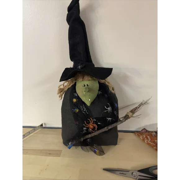 Vintage fabric sitting primitive witch doll Actual Wood Broom Handmade Halloween