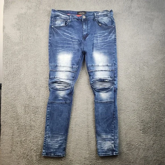 Encrypted Jeans Mens 38x32 Blue Distressed Ripped Moto Biker Denim Knee Panel