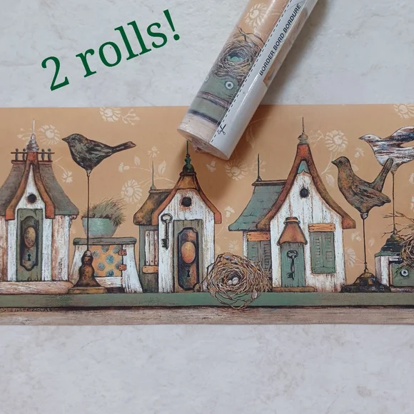 Wallpaper Border Country Wooden Birdhouses Knowles Teal 2 Rolls
