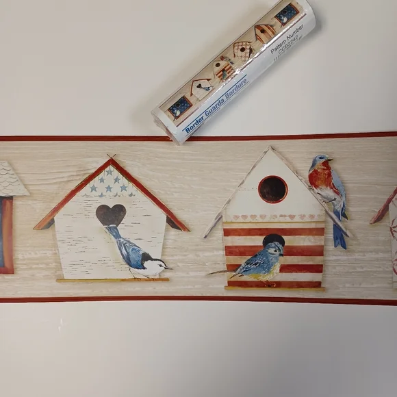 Wallpaper Border Cottage Chic Birdhouses Red & Blue