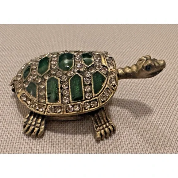 Bejeweled Turtle Trinket Bok Green‎ & Rhinestone 2.5
