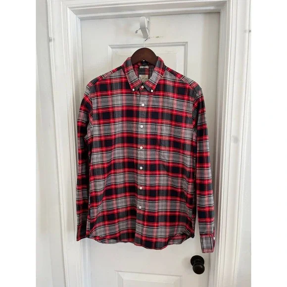 J.Crew Slim All Cotton Oxford Shirt‎ Red Grey Plaid Button Down K1975 Mens L