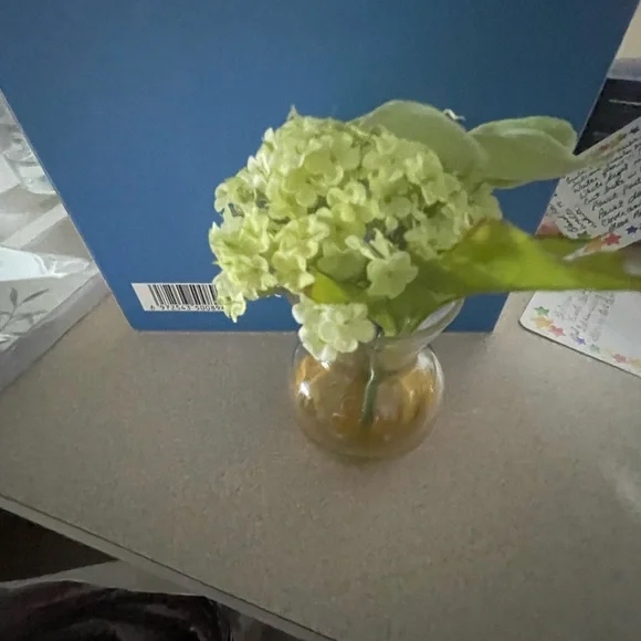 Charming Green Small Faux Floral Arrangement in Glass Vase