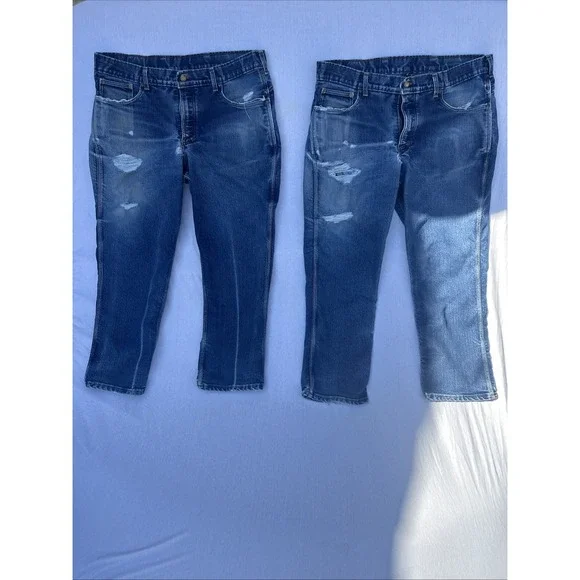 Lot of Origin Maine Jeans Men Blue Sz 40x30 Embroidered Logo Distressed USA Made