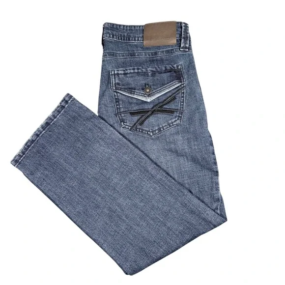 TK Axel Mens Slim Bootcut Jeans Medium Wash Blue Denim 32x30 Distressed Hem