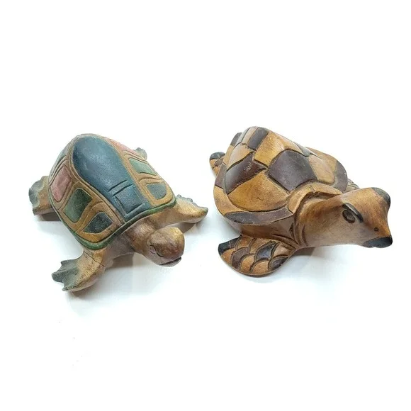 Vintage Wood Sea Turtle Figures Hand Carved Marine Life‎ Nautical Home Decor