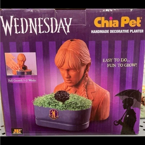 Wednesday Aadams Family Chia Pet Thing Plant Clay Pot Grow Kit Seeds Fun planter