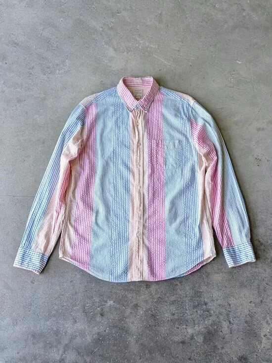 J. Crew Slim Fit Seersucker Shirt in Awning Stripe Multi Button Down Shirt large