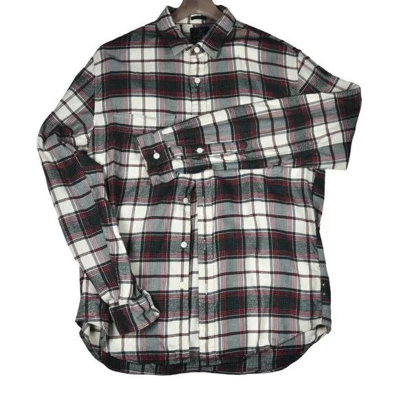 J. CREW Men's Slim Fit Flannel Shirt Sz L Ivory Green Plaid Grunge Hipster Soft