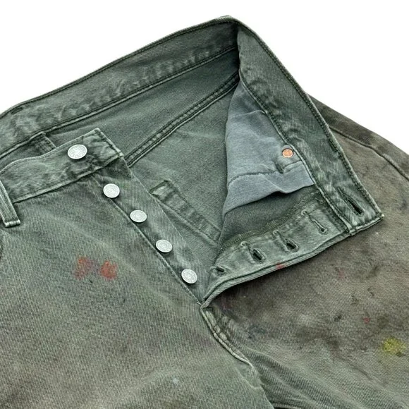 Men’s Levi’s 501 Green Denim Paint Splatter Cut Off Jeans W34