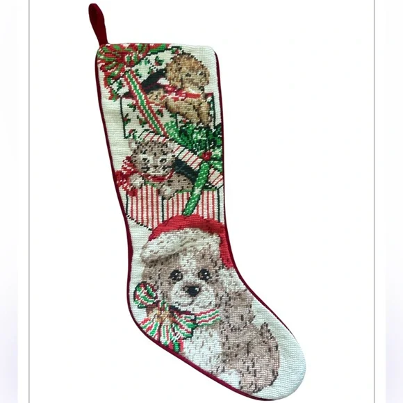 Vintage needlepoint Holiday Stocking with puppies and kitten size: L-19