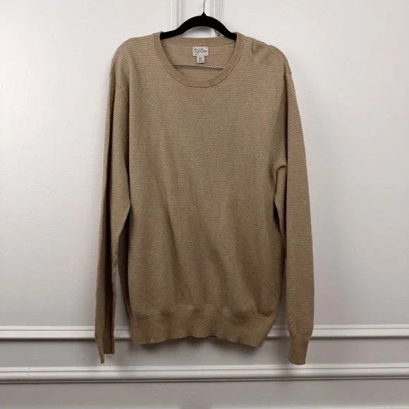 J. Crew Mens XL Tan Cotton Textured Birds Eye‎ Knit Crewneck Sweater RN 77388