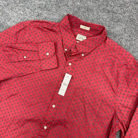 J.CREW Shirt Mens L Red Geometric 2‎ Ply 100% Cotton Slim Fit Button Up NEW $80