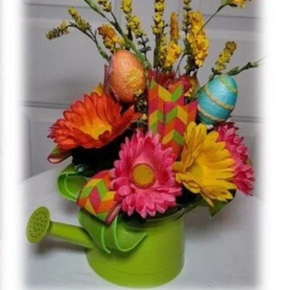 Gerber Daisy Watering‎ Green Can Arrangement, Easter Spring Holiday Table Décor