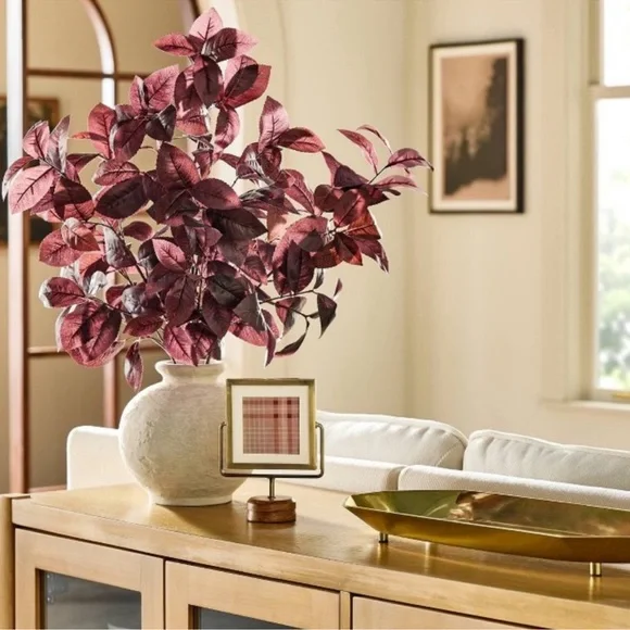 NWT Hearth and Hand Plum Faux Leaf Arrangement in Off white Vase
