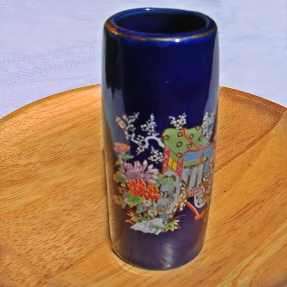 Blue Bud Vase Japan Vintage Porcelain Glass Gold Leaf Home Decor Small Vases VTG