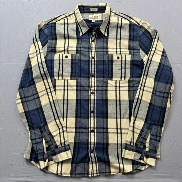 J. Crew Mid-Weight Flannel Shirt Men XLT Blue Cream Plaid Double Brushed Classic