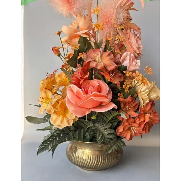 Vtg Silk Floral Arrangement Peach Feathers Roses Brass Bowl Made in India 15