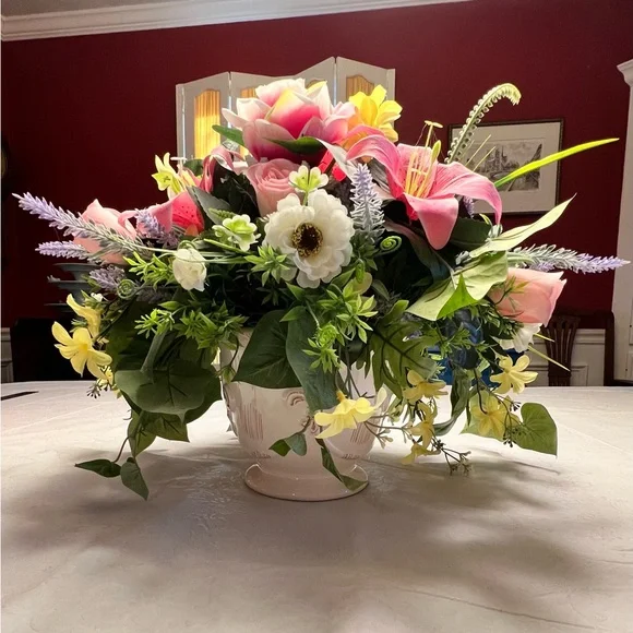Elegant Faux Floral Centerpiece in Cream Vase