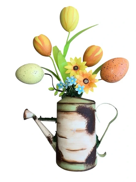 Green Watering Can Floral Accent with Yellow and Orange Blooms