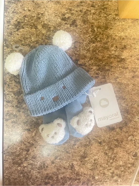Mayoral Blue Knit Bear Hat and Booties Set