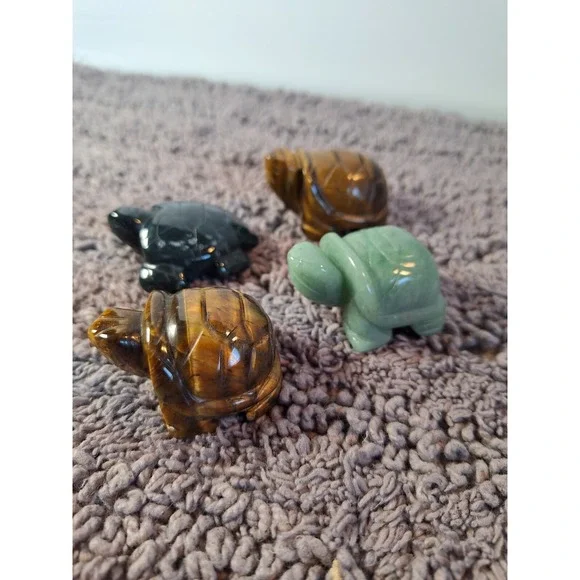 Turtle Lovers Stone Figurines 4 Pc Set Tiger Eye, Aventurine, Moss Agate 2