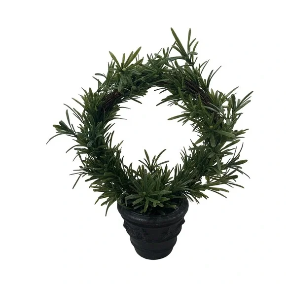 Artificial Rosemary Topiary Wreath in Black Decorative Pot Faux Greenery 13.5in
