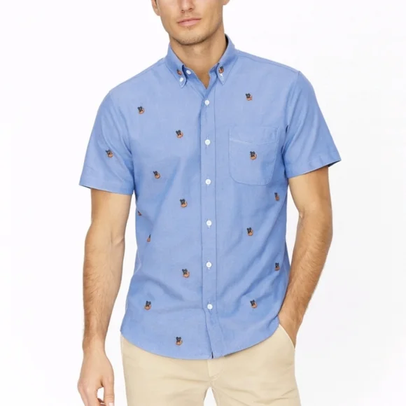 J. Crew Oxford Shirt Blue Chambray USA Peace Sign Button Up Short Sleeve Size XL