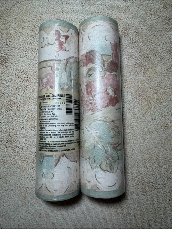 Vintage Rosedale Floral Wallpaper Border Roll in Soft Mint and Dusty Rose