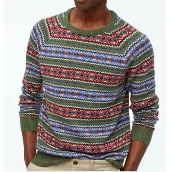 J. CREW Men's Lambswool-Blend‎ Fair Isle Crewneck Jumper Festive Green Size XL