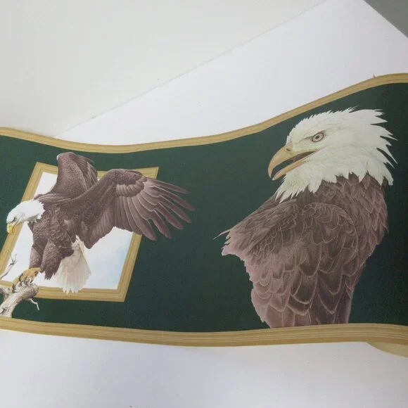 Genuine Flying Eagle on Branch Wallpaper Border Vintage Green Brown&White