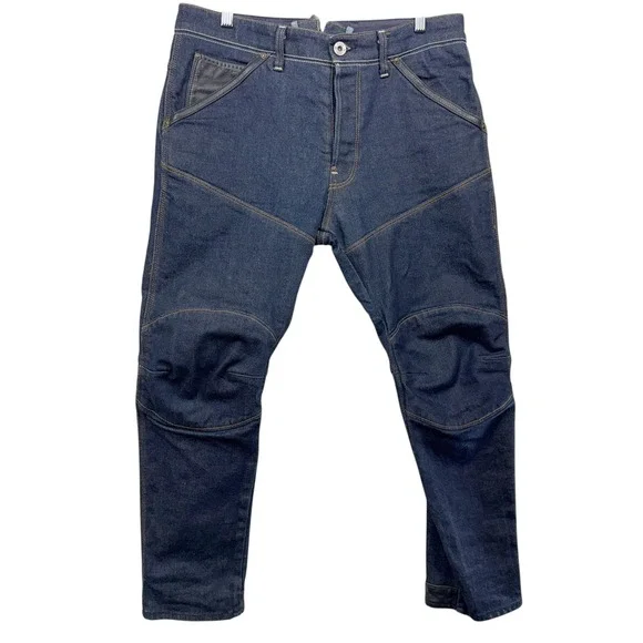 G Star Raw 30 Y Jeans Dark Wash Moto Double Knee Leather Trim Men's Size‎ 32x28