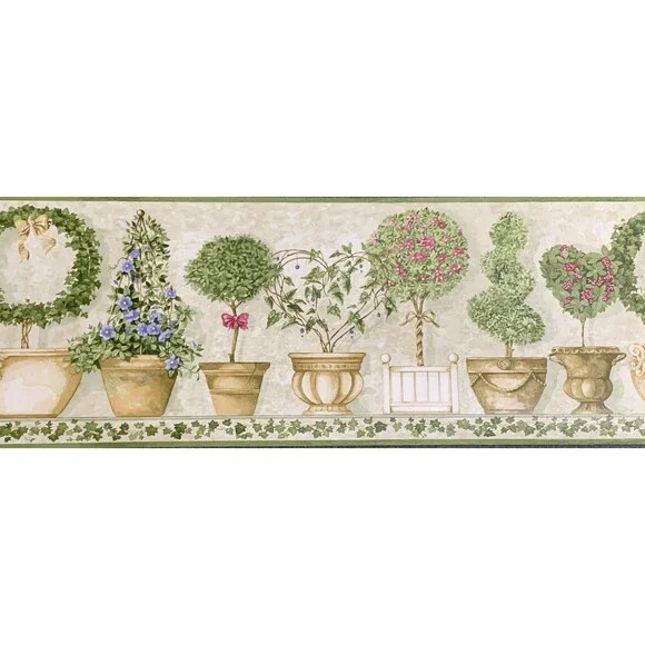 Wallpaper Border Topiary Flowers Shrubs Trees Vintage Pots Ivy Wreath Heart