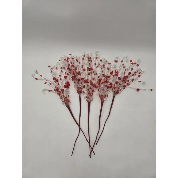 Lot Of 5 Acrylic Bead Spray Red & Clear Picks Holiday Craft Flower Arrangement