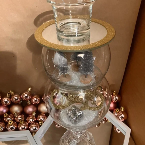 Glass Snowman Candle Holder with Gold and Silver Accents