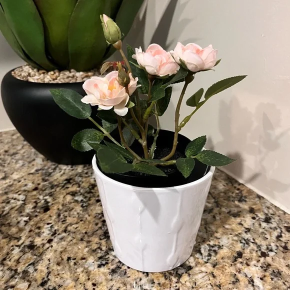 Elegant Pink Artificial Rose Arrangement in White Pot