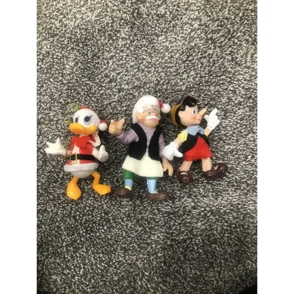 Geppetto & plastic Pinocchio & Donald character figures Christmas Ornaments VTG