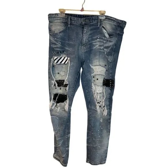 Smoke Rise Men's Distressed Splatter Paint Jeans Blue Size 40x32