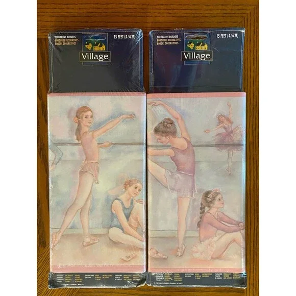 Ballerina Ballet Wallpaper Prepasted Border VILLAGE Blue Pink Lot Of 2 Pks 30 ft