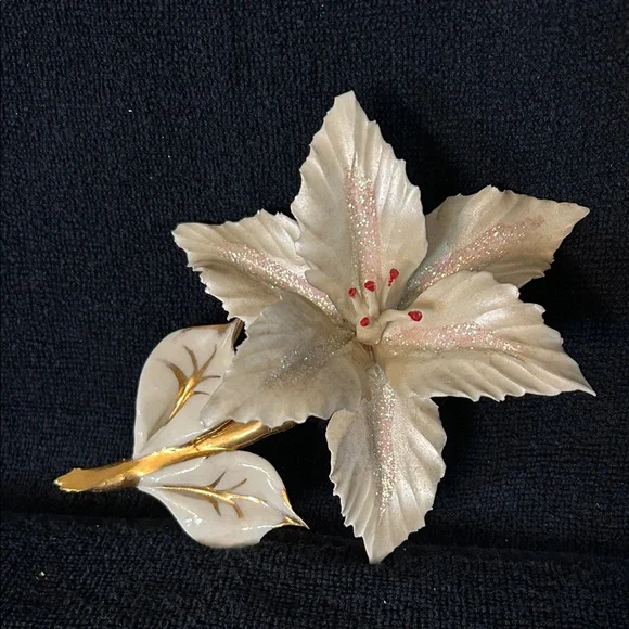 Capodimonte Lily or Poinsettia with White Enamel Petals with Glitter Accents