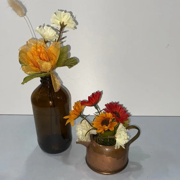Rustic cottagecore Floral Arrangement Set copper creamer pot amber glass